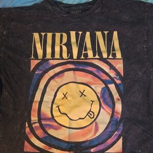 NIRVANA Black Tee with Gold and Multicolor Smiley